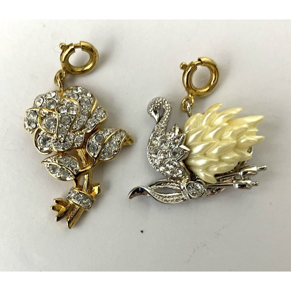 Nolan Miller Signed Bracelet Charms Lot of 2 Swan & Rose Flower Rhinestones